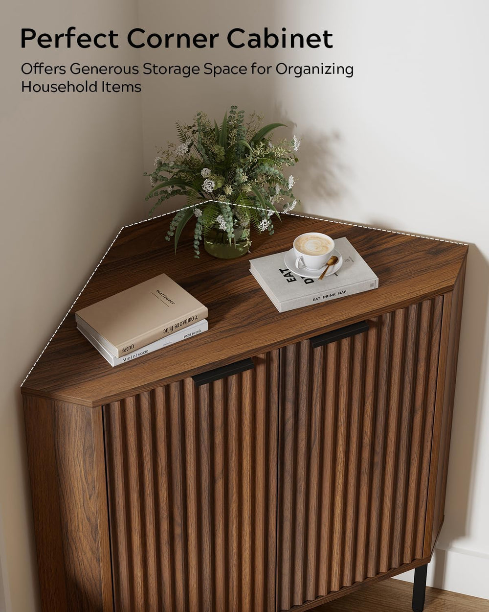 Fluted Corner Cabinet, Modern Small Floor Storage Cabinet with Adjustable She...