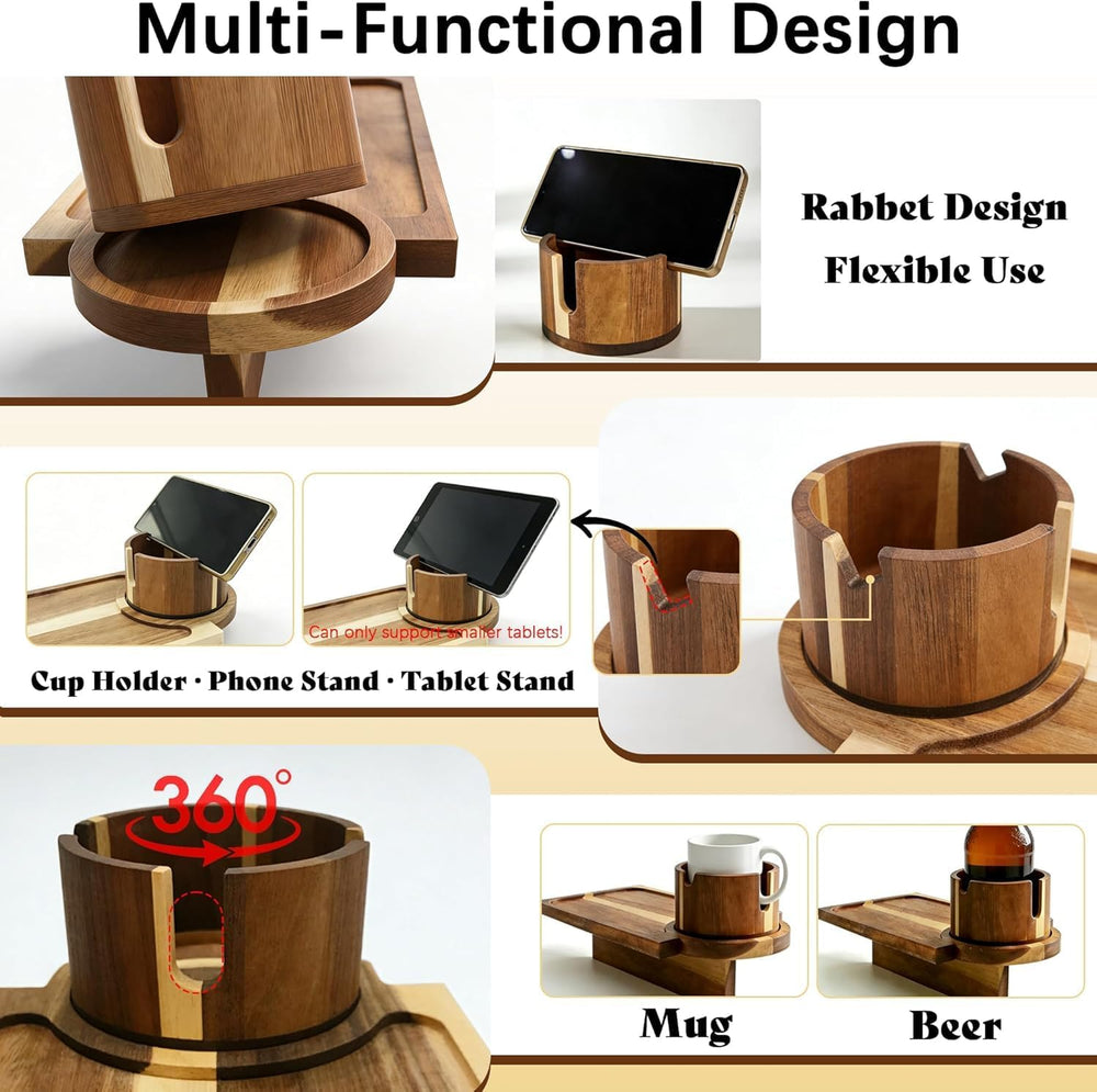 Solid Acacia Wood Couch Cup Holder Tray for Sofa Gap, 3-in-1 Couch Caddy with...