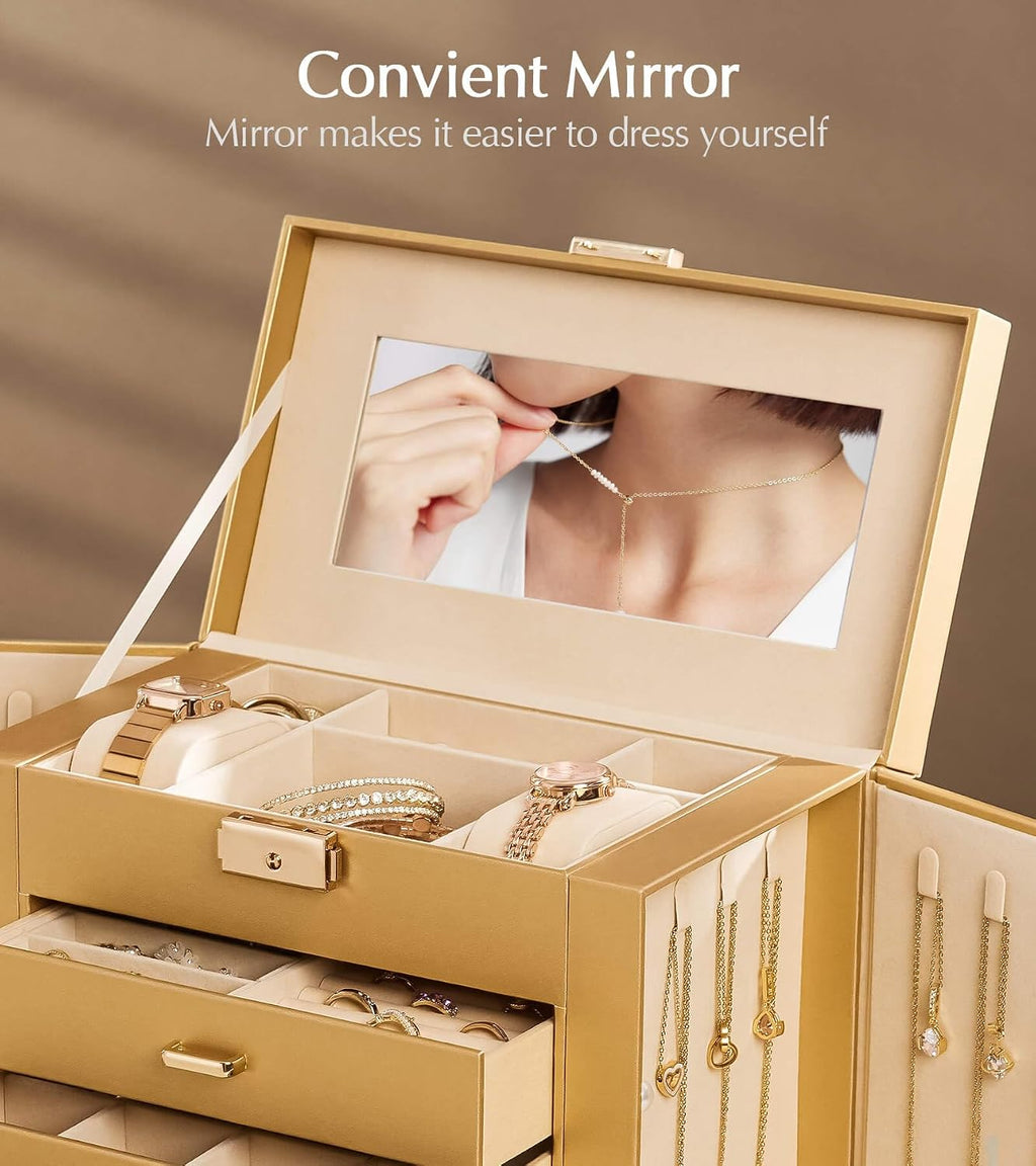 Homde Synthetic Leather Huge Jewelry Box Mirrored Watch Organizer Necklace Ring Earring Storage Lockable Gift Case (Gold)