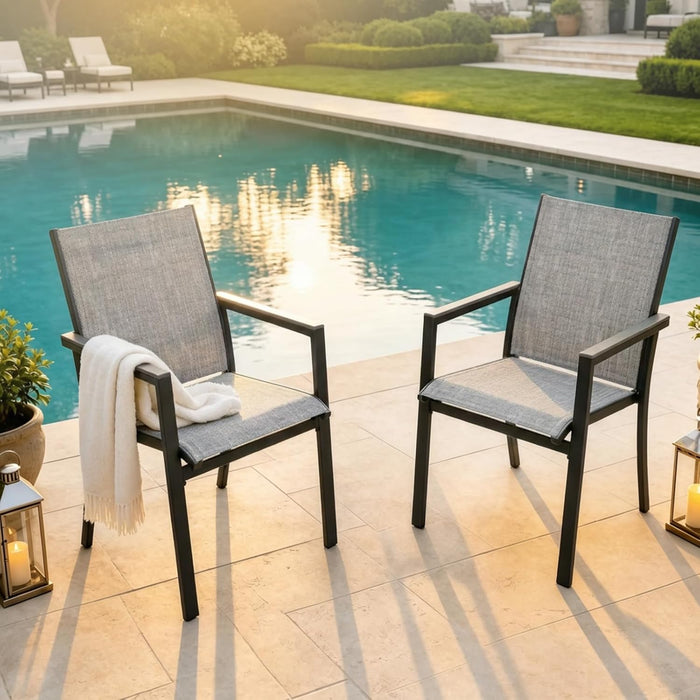 MEOOEM Highback Outdoor Chairs Set of 2, Comfortable Wide Deep Seat Grey Patio Chairs w/Armrests & Metal Frame, Sturdy Durable Heavy Duty Outdoor Armchairs 450LBS for Outside, Backyard, Lawn, Gray