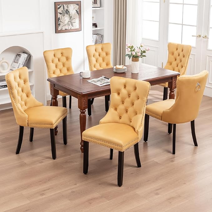 Kiztir Velvet Dining Chairs Set of 6, Upholstered Dining Room Chairs with Ring Pull Trim and Button Back, Luxury Tufted Dining Chairs for Living Room, Bedroom, Kitchen (Gold)