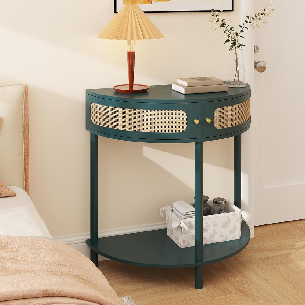 Unique Half Moon Console Table with Rattan Doors, 31.5" Rattan End Table...