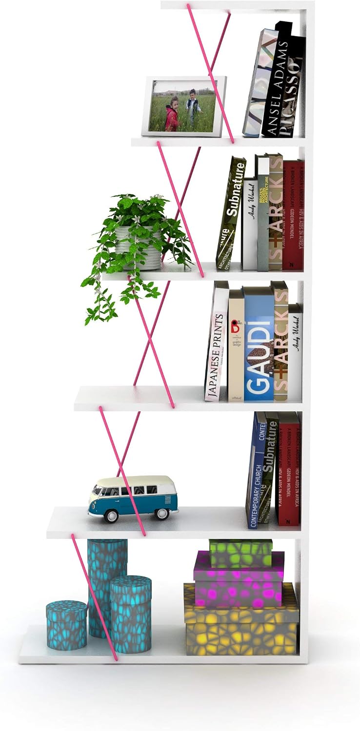 5 Tier Ladder Bookshelf Organizers, Narrow Bookshelf for Small Spaces Office Furniture Bookcase,White,Pink