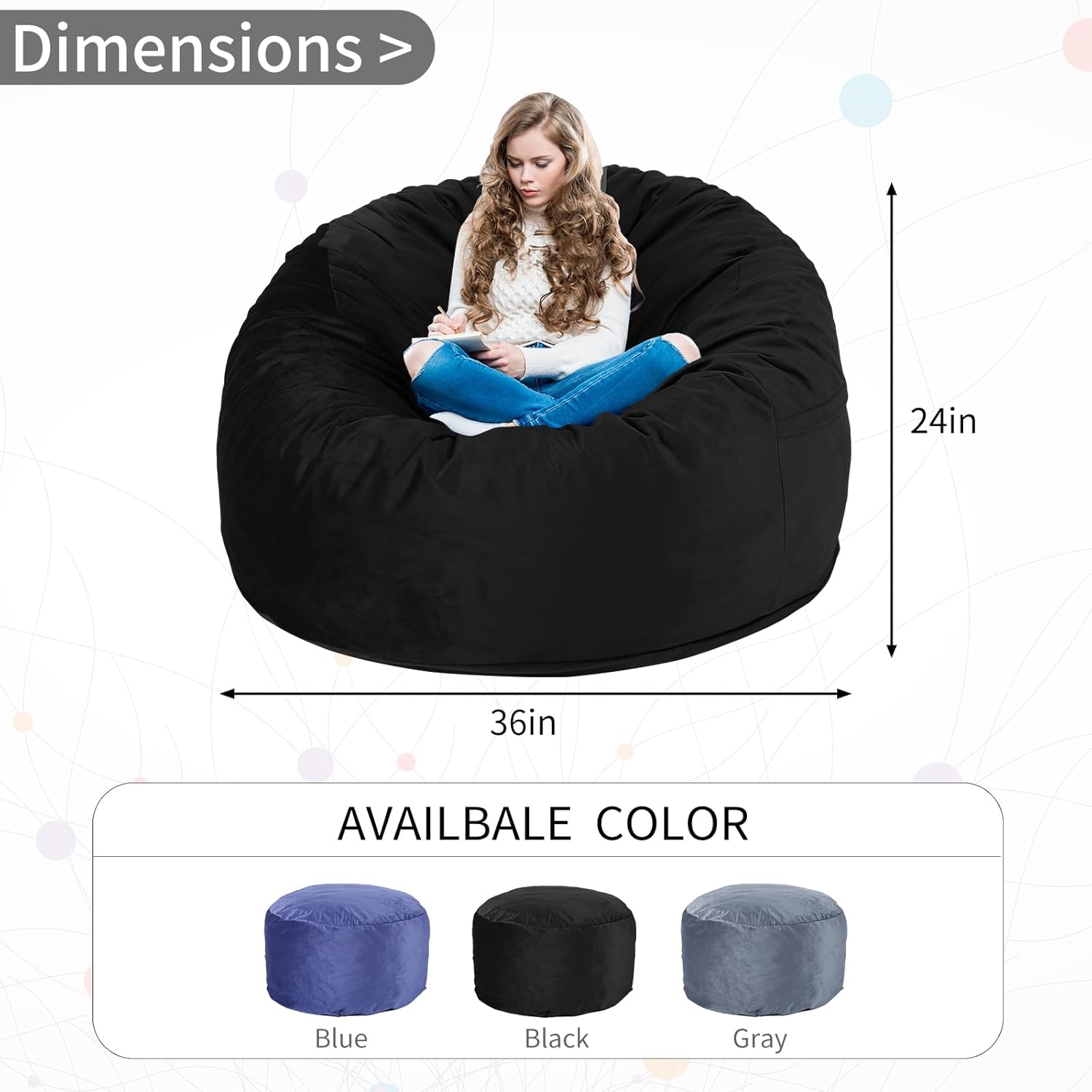 3 Feet Bean Bag Chair, Memory Foam Filled, Removable Cover, Bean Bag Chairs for Adults and Teens, Round Sofa Chair for Living Room, Bedroom and Gaming Room, Black