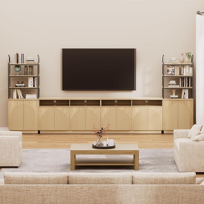 Yechen 165" Modular Entertainment Center with Bookshelves for up to 98", Mid Century Modern TV Stand with Storage, TV Cabinet with Open Shelves and Adjustable Shelves, Living Room, Natutral Oak(4 PCS)