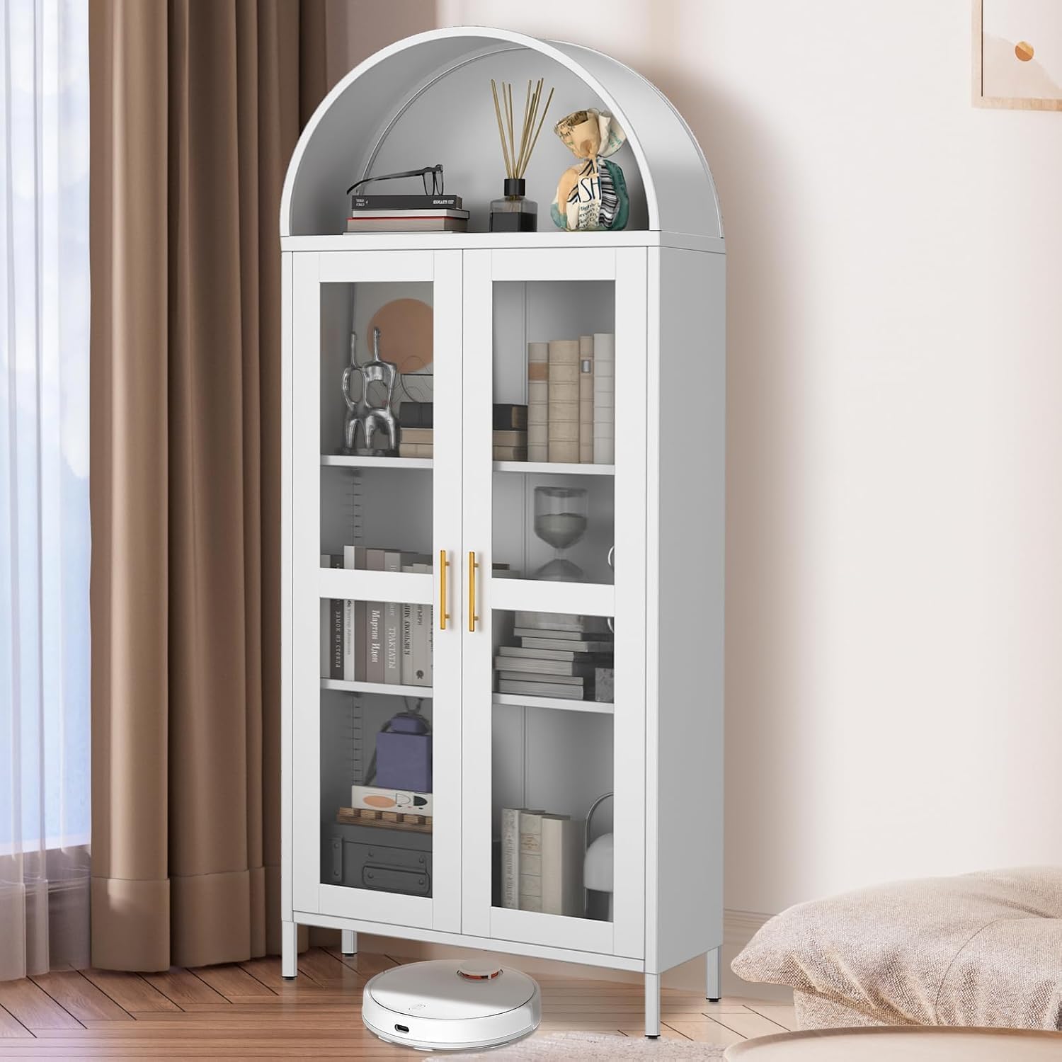 73 in Tall Arched Metal Storage Display Cabinet with Glass Door, Extra Large Capacity, 2 Adjustable Shelves, Modern Farmhouse Design for Kitchen Pantry,Living and Dining Room
