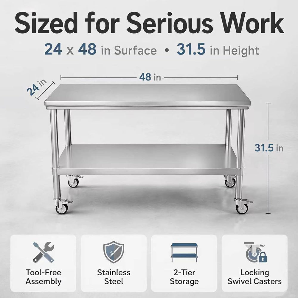 24x48 Stainless Steel Prep Table with Wheels, 1000 lbs, Kitchen, BBQ | Thicke...
