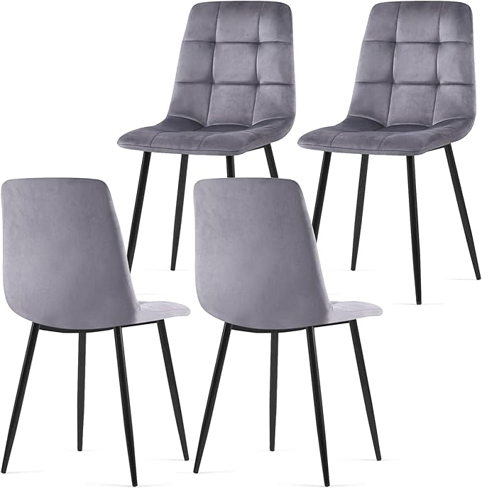 NORDICANA Grey Velvet Dining Chairs Set of 4, Upholstered Tufted Kitchen Chairs, Comfortable Seat, Metal Leg, Easy Assembly