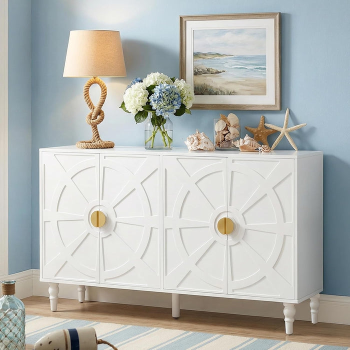 RoyalCraft Buffet Cabinet with Storage, Vintage Sideboard with Ship Wheel Pattern and 4 Doors, Wood Credenza Coffee Bar Table with Solid Wood Legs for Kitchen, Dining Room, Living Room, White
