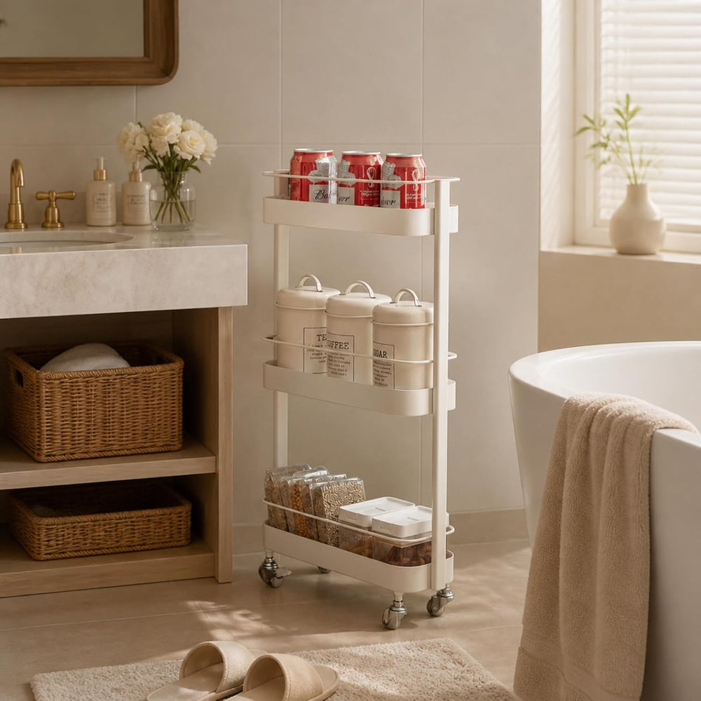 Narrow 3 Tier Rolling Cart, Slim Storage Cart for Bathroom Kitchen | 3 spacio...