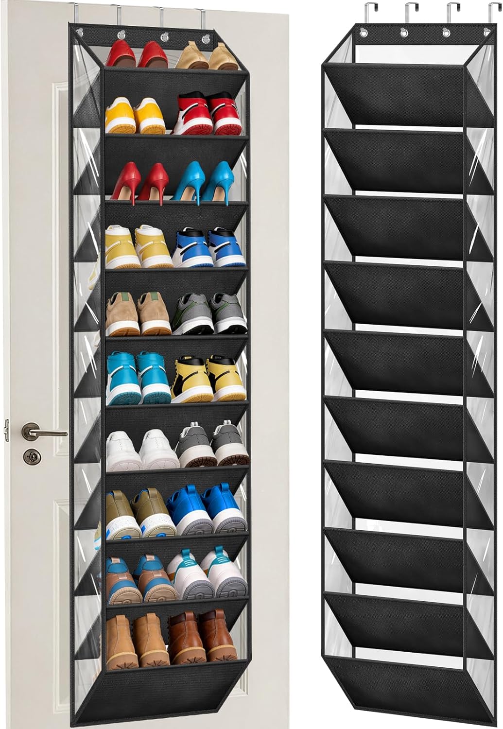 AOODA 10 Tier Clear Over the Door Shoe Organizer Storage, Deep Pockets Large Hanging Shoe Rack for Closet Door, Fit 20 Pairs Shoe Holder Hanger for Sneakers, Boots (Black)