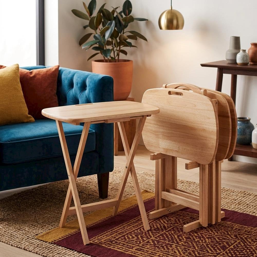 Furnifact Brown Natural Wood Finish 5-Piece Snack Table Set for Living Spaces...