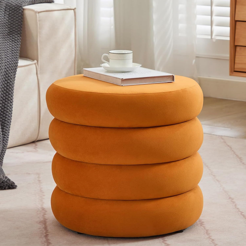 ONEVOG Round Storage Ottoman, 20" Small Ottomans Table with Removable Lid, Velvet Fabric Soft Footrest Stool for Couch, Upholstered Stuffed Circle Seat for Living Room/Bedroom/Dorm/Vanity, Orange