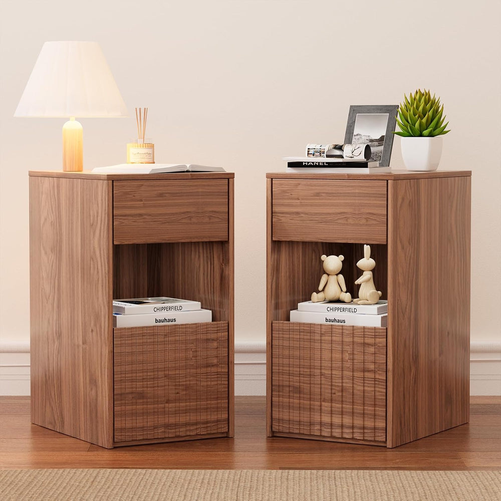 Eongdon Fluted Nightstand Set of 2, Mid Century Modern End Table with 2 Drawe...