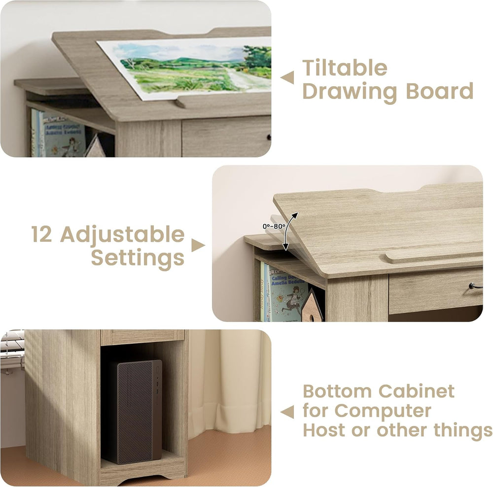 Drafting Table with Storage Cabinet & Drawers, Adjustable Drawing Table w...