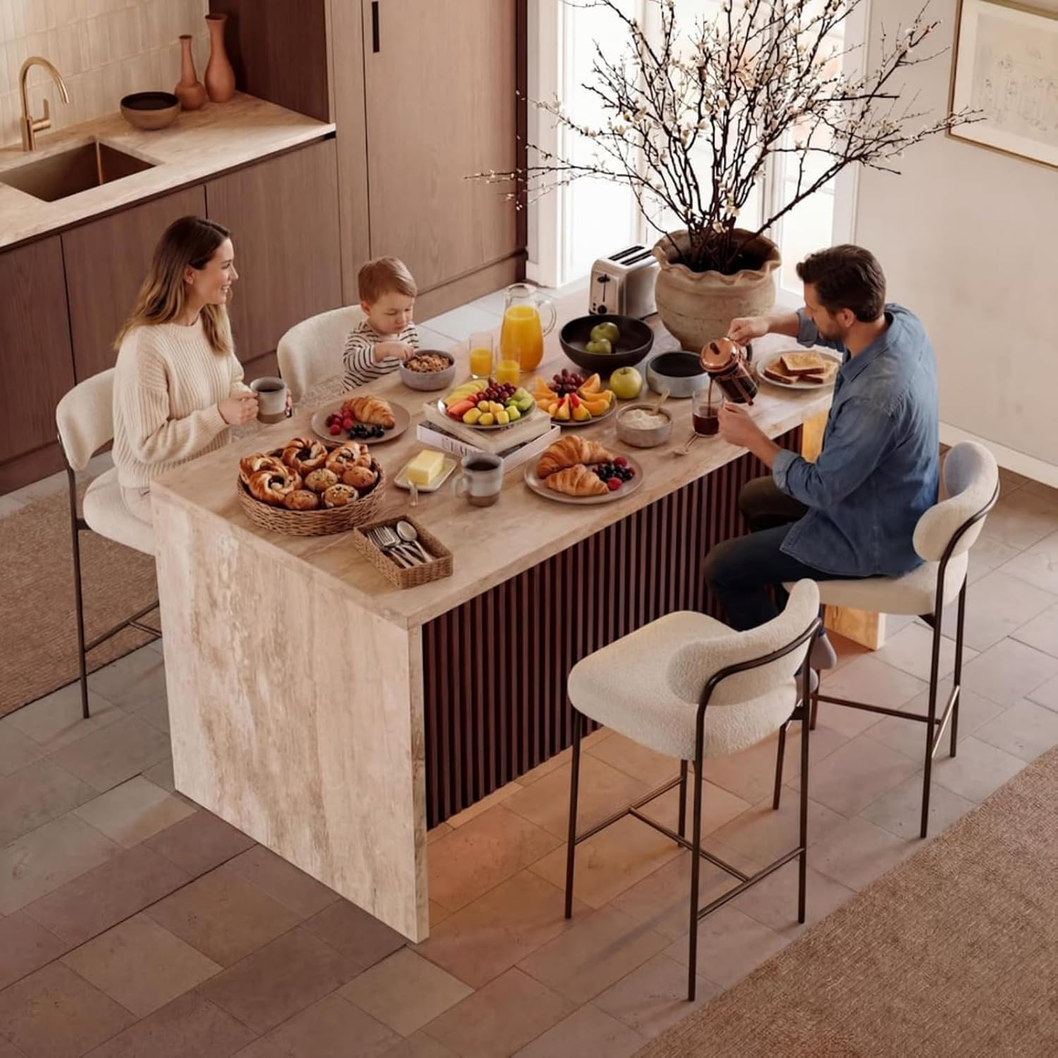 homary 72" Kitchen Island LED & Waterfall Edge - Modern Stationary Large Kitchen Cabinet with 3 Doors, 2 Drawers & Trash Storage, Adjustable Shelves (Matte Travertine & Walnut, Engineered Wood Top)