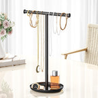 Necklace Organizer Stand with Storage Tray - 12.6" Tall T-Shaped Jewelry Holder Stand for Bracelets, Earrings, Rings | Stylish Home & Vanity Décor for Women, Black.