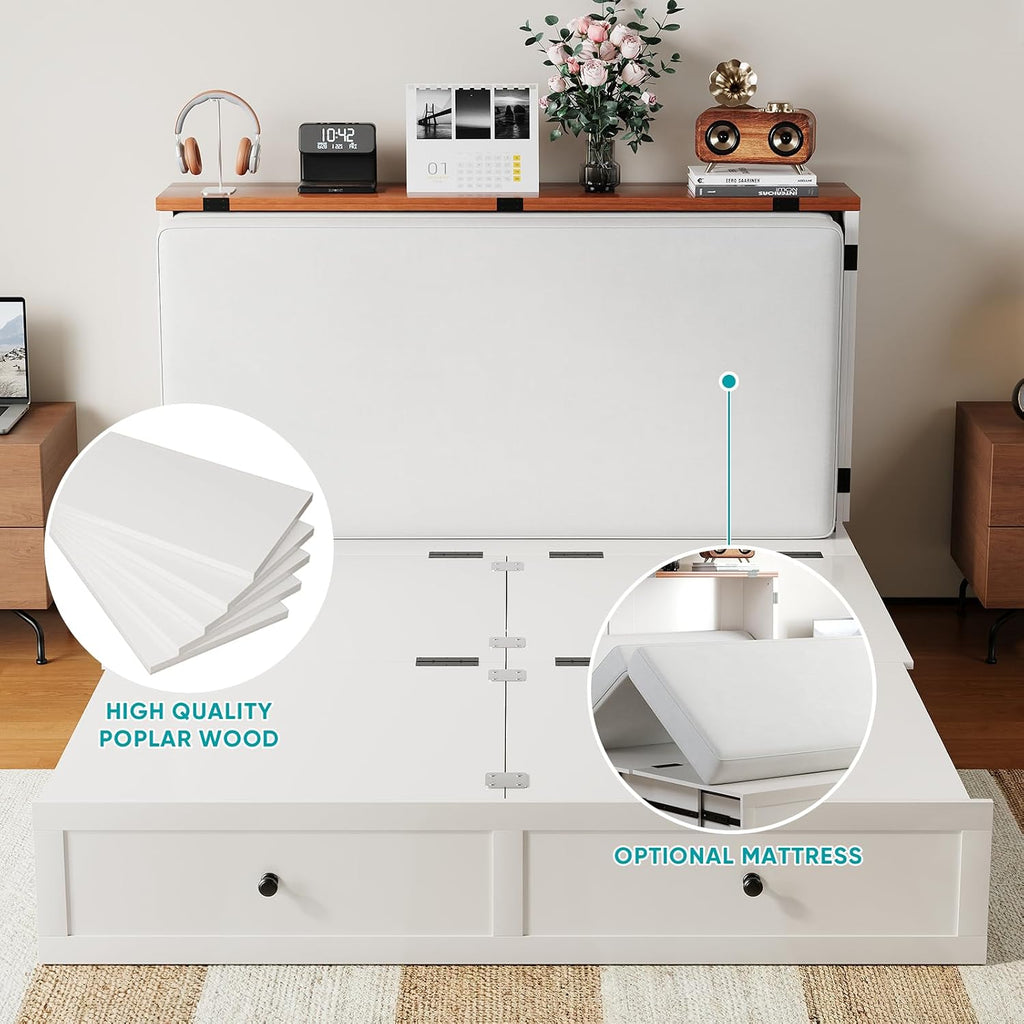 BALUS Full Size Murphy Bed, Murphy Cabinet Bed with USB Charging Station & Storage Drawers, Full Murphy Cabinet Beds for Living Rooom, Apartment, Home Office, Bedroom, No Mattress-White