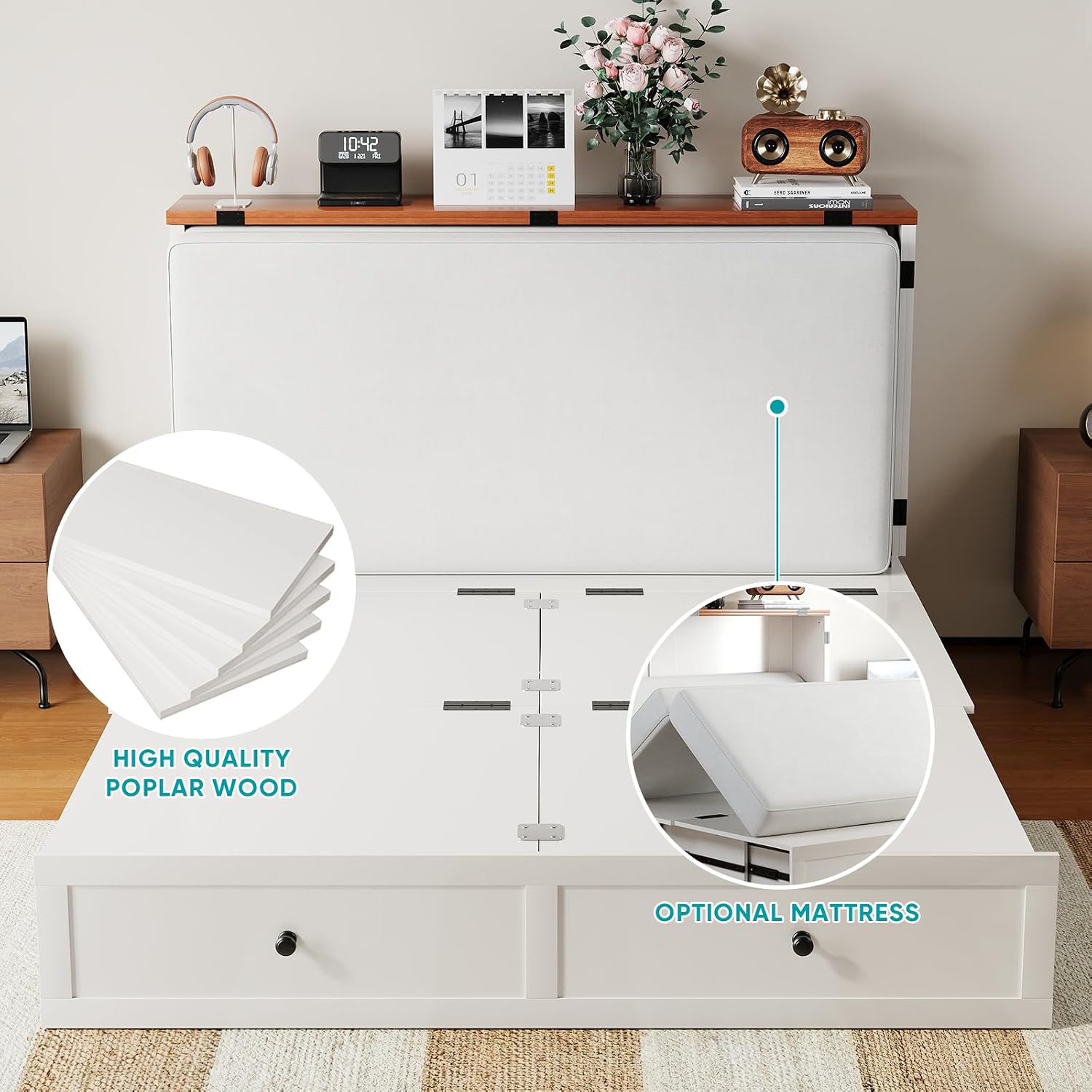BALUS Full Size Murphy Bed, Murphy Cabinet Bed with USB Charging Station & Storage Drawers, Full Murphy Cabinet Beds for Living Rooom, Apartment, Home Office, Bedroom, No Mattress-White