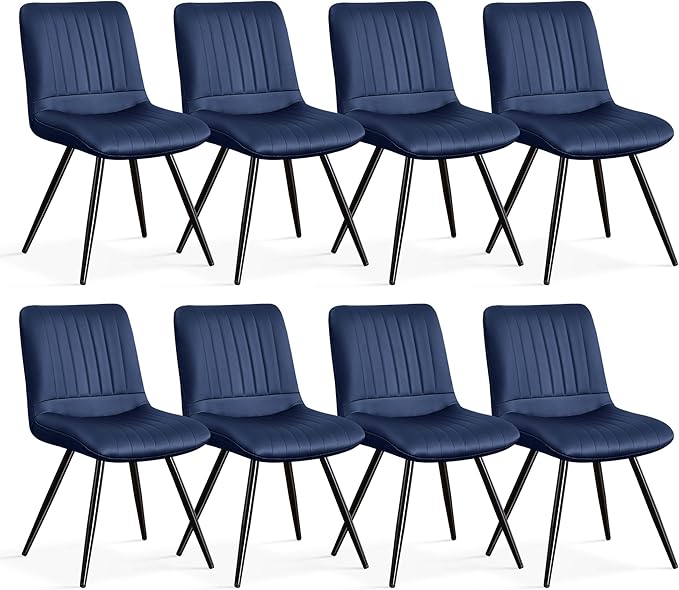Dining Chairs Set of 8, Modern Dining Chairs with Thick Cushions, PU Leather Upholstered Kitchen Dining Room Chairs with Metal Legs for Dining Living Room (Navy Blue)