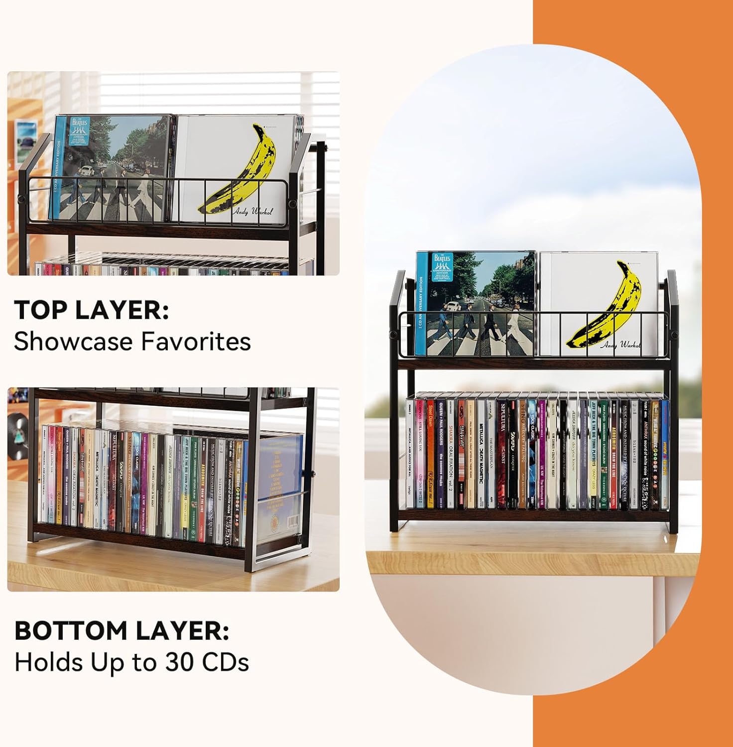 2-Tier CD Holder, Clear CD Storage Rack for Non-slip Feets, CD Organizer with Dispay Top Shelf, Premium CD shelf for Home Office, Holds Up to 60 Standard Rectangular Jewel Cases (Brown)