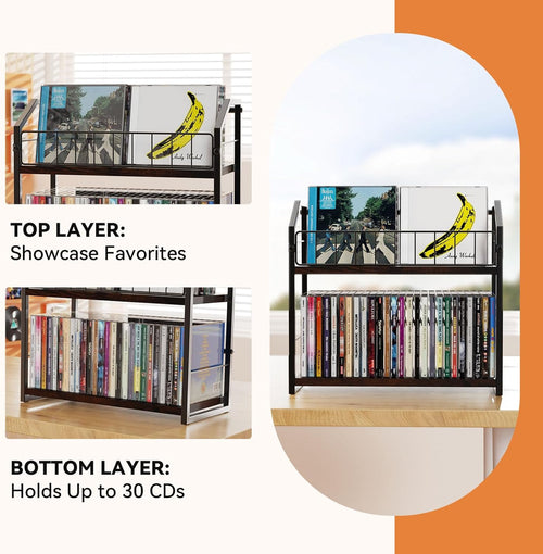2-Tier CD Holder, Clear CD Storage Rack for Non-slip Feets, CD Organizer with Dispay Top Shelf, Premium CD shelf for Home Office, Holds Up to 60 Standard Rectangular Jewel Cases (Brown)