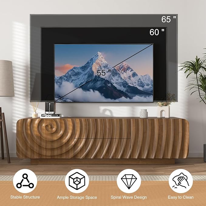 58'' TV Stand for 65 Inch TV, Modern Spiral Wave Media Console with Storage Cabinet and 2 Drawers, Low Profile Entertainment Center for Living Room Bedroom (Walnut)