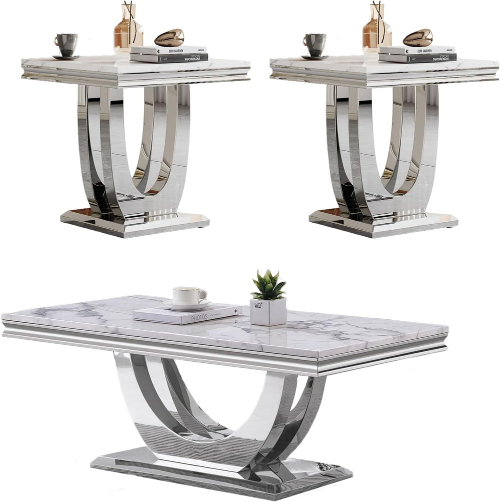 Luxury Living Room Table Set, Faux Marble Top 3-Piece Table Set, Includes Cof...