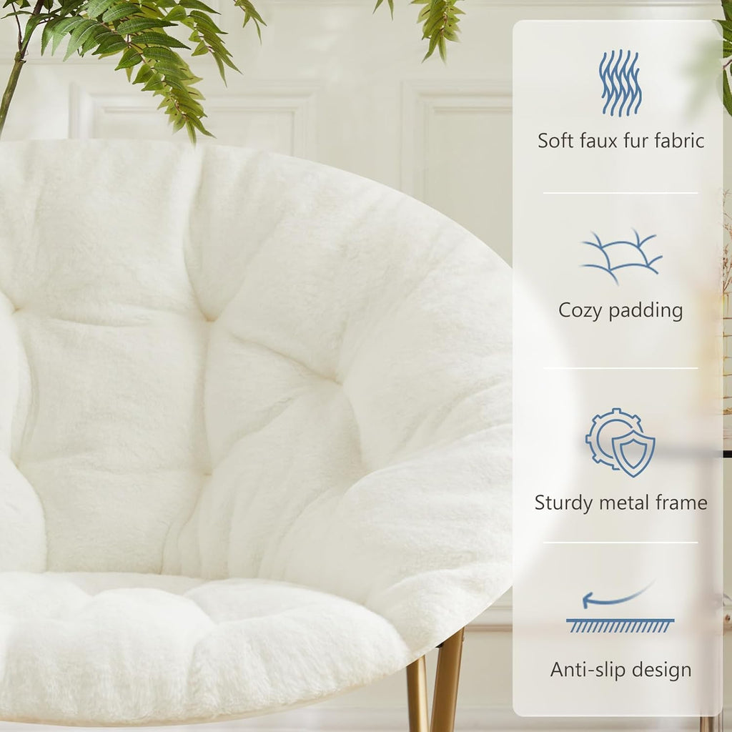DUMOS Comfy Saucer Chair, Faux Fur Lounge Seasting XL Circle Chair for Bedroom, Dorm & Gaming, Foldable Fashion Accent Seat for Small Spaces, Folding Moon/Mushroom/Round Oversized Style,White