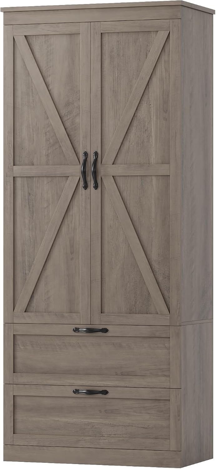 HOSTACK 70" Tall Kitchen Pantry Storage, Barn Doors Pantry Cabinet with ...