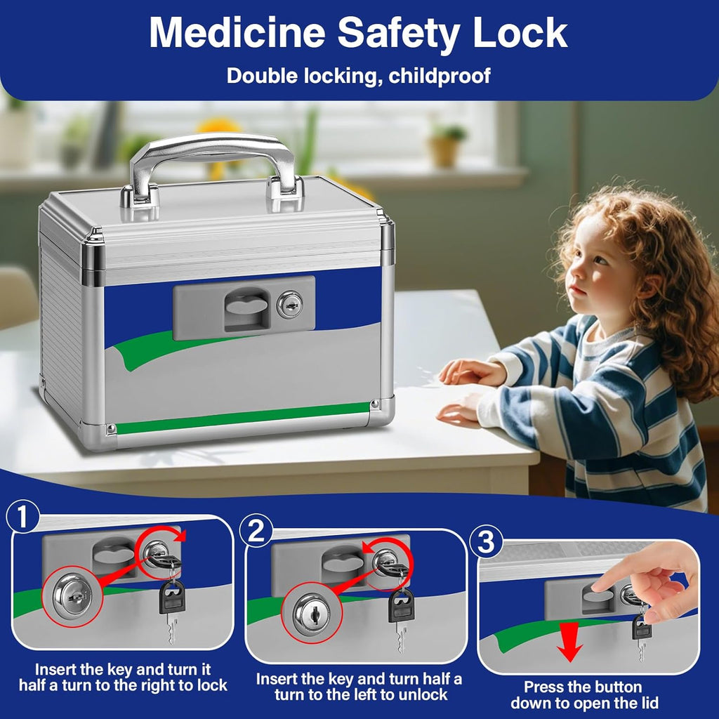 Medicine Lock Box for Safe Medication - 10 x 6 x 6.7 Inches - Lockable Storage Box for Drugs, First Aid Kit Empty, Lock Boxes with Key for Home/Outdoor (Blue/Small)