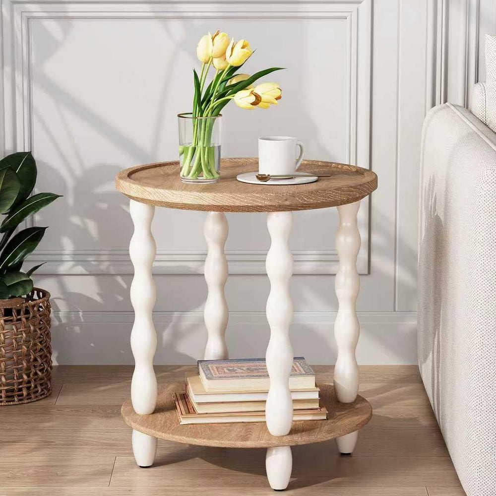 Round End Table, 2-Tier Farmhouse End Table, 18.5'' Handcrafted Weath...