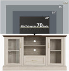 Beige Farmhouse TV Stand with Storage Cabinets and Glass Doors, Entertainment Center for 75 Inch TV, Media Console Side Storage Cabinets for Living Room