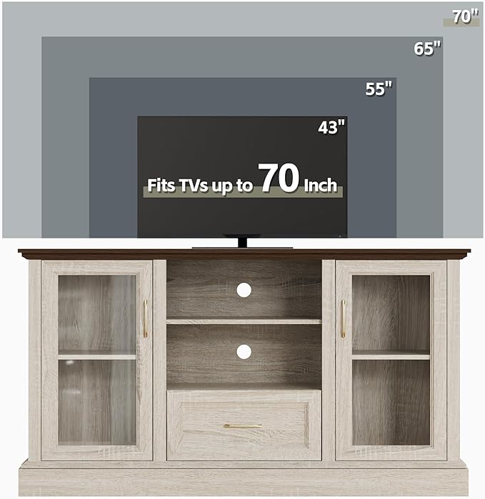 Beige Farmhouse TV Stand with Storage Cabinets and Glass Doors, Entertainment Center for 75 Inch TV, Media Console Side Storage Cabinets for Living Room