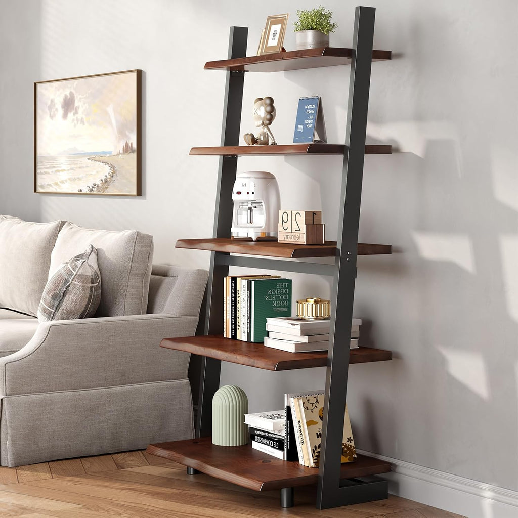 5-Tier Solid Wood Ladder Bookshelf with Natural Live Edge | Rustic Walnut Storage & Display Leaning Bookcase, Modern Space-Saving Shelf for Living Room, Bedroom, Home Office