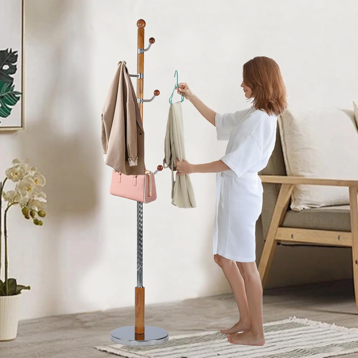 Solid Wooden Coat Rack Stand, Coat Racks Freestanding with 6 Hooks, Natural Birch Wood Coat stands with Sturdy Round Base, Tree Coat Hanger Standing for Entryway Bedroom Office (Cherry)