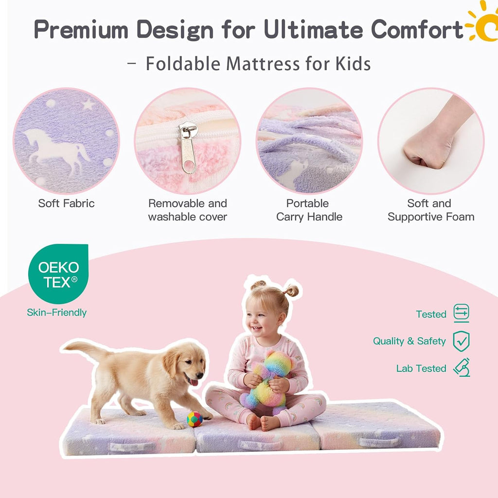 Tiita Foldable Floor Mattress for Kids-Glow in The Dark Toddler Nap Mat with Storage Bag, Portable Toddler Floor Pad for Travel, Daycare, Camping, RV, Playroom, Twill Pegasus
