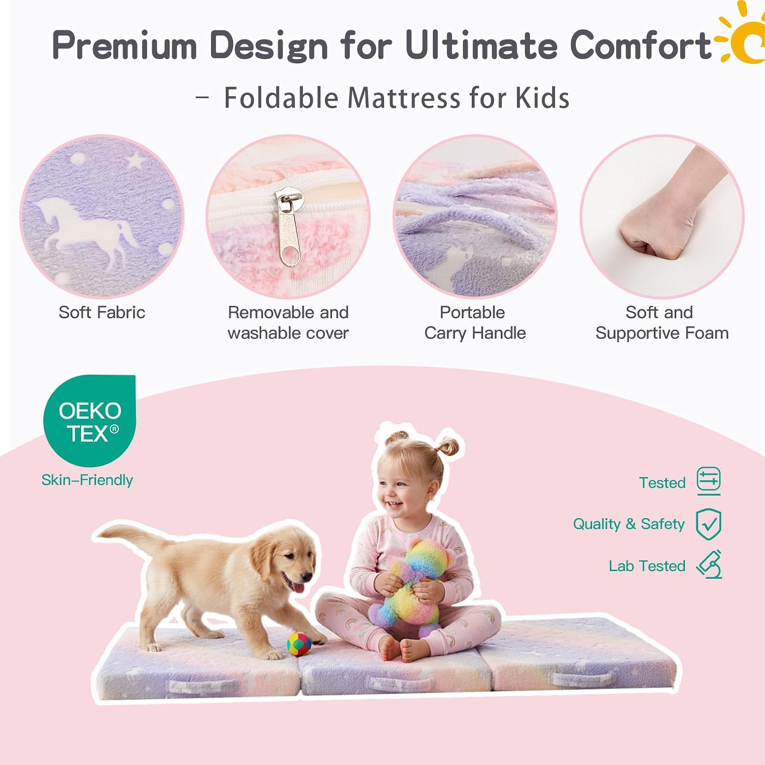 Tiita Foldable Floor Mattress for Kids-Glow in The Dark Toddler Nap Mat with Storage Bag, Portable Toddler Floor Pad for Travel, Daycare, Camping, RV, Playroom, Twill Pegasus