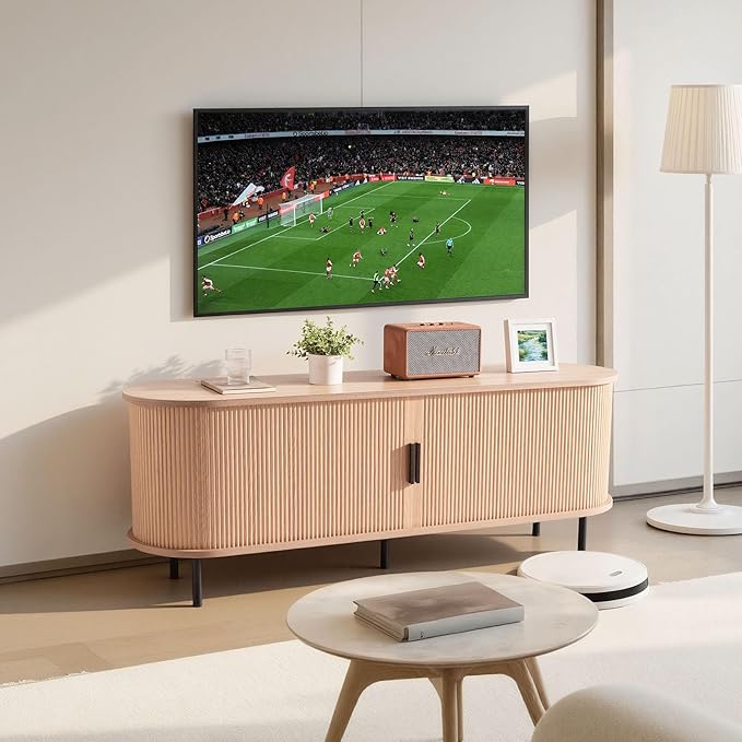 VEVOR Fluted TV Stand for TVs up to 65 inch, Mid-Century Modern Entertainment Center, Media Console with Storage Cabinet and Sliding Tambour Door, Boho Television Stand for Living Room, Bedroom, Oak
