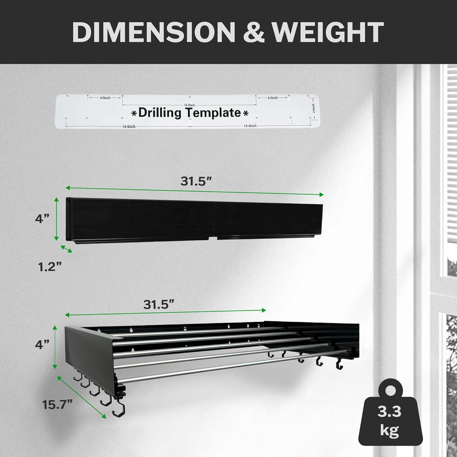 Wall Mounted Laundry Drying Rack, Retractable & Foldable, 31.5" Wide, 13.2 Linear Ft, 5 Heavy-Duty Aluminum Rods, 60 lb Capacity, Space-Saving Design, Easy Installation, Indoor/Outdoor (Black)