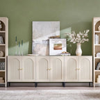 Modern TV Stands for 80 Inch TV, 92.63" W Wood Entertainment Center w/Adjustable Shelves, Mid Century Modern TV Stand w/Arched Fluted Doors, Media Console Cabinet for Living Room, Cream