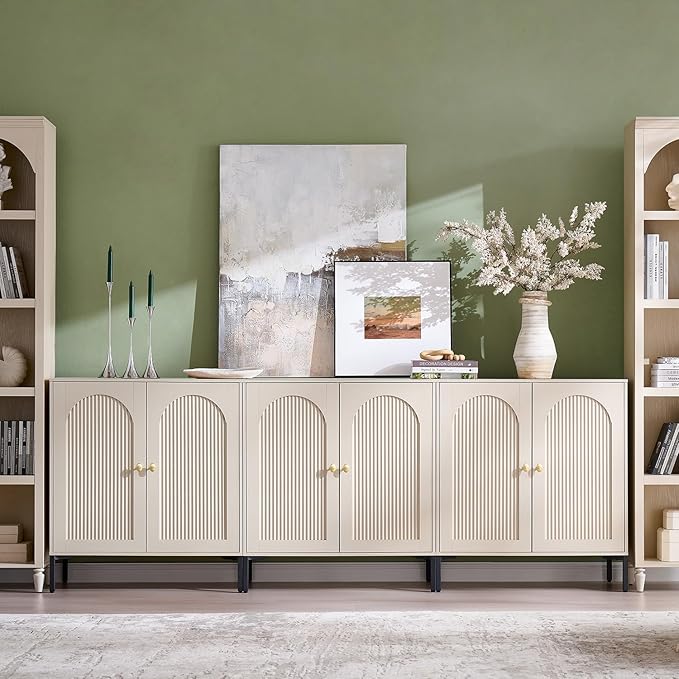 Modern TV Stands for 80 Inch tvs, 92.63" W Wood Entertainment Center w/Adjustable Shelves, Mid Century Modern TV Stand w/Arched Fluted Doors, Media Console Cabinet for Living Room, Cream