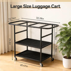 Luggage Rack for Guest Room, 3-Tier Rolling Suitcase Stand with Wheels | Metal Luggage Stand with Storage Shelf, Black Heavy Duty Luggage Holder for Home/Bedroom/Hotel, Easy to Assemble