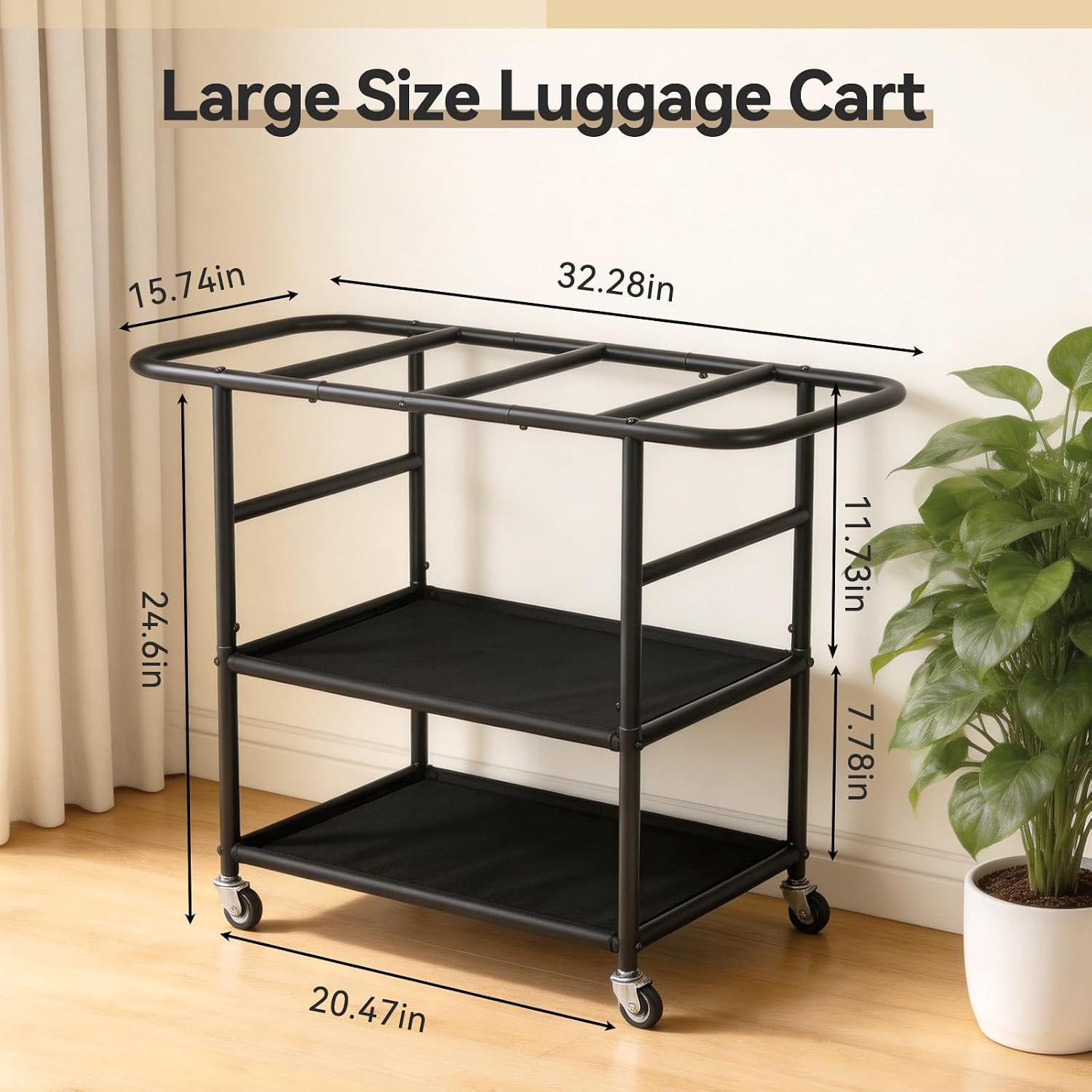 Luggage Rack for Guest Room, 3-Tier Rolling Suitcase Stand with Wheels | Metal Luggage Stand with Storage Shelf, Black Heavy Duty Luggage Holder for Home/Bedroom/Hotel, Easy to Assemble