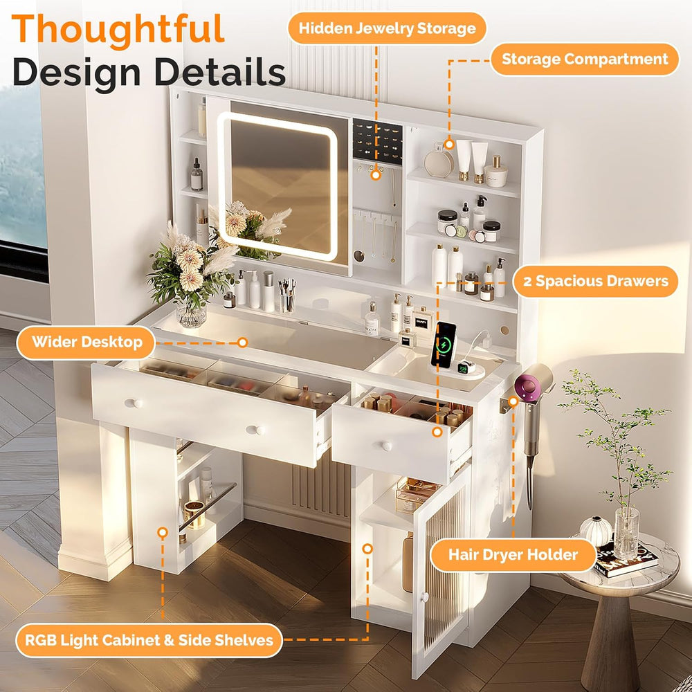 VINGLI Vanity Desk with Sliding Mirror and Lights, Glass Top Makeup Vanity Ta...