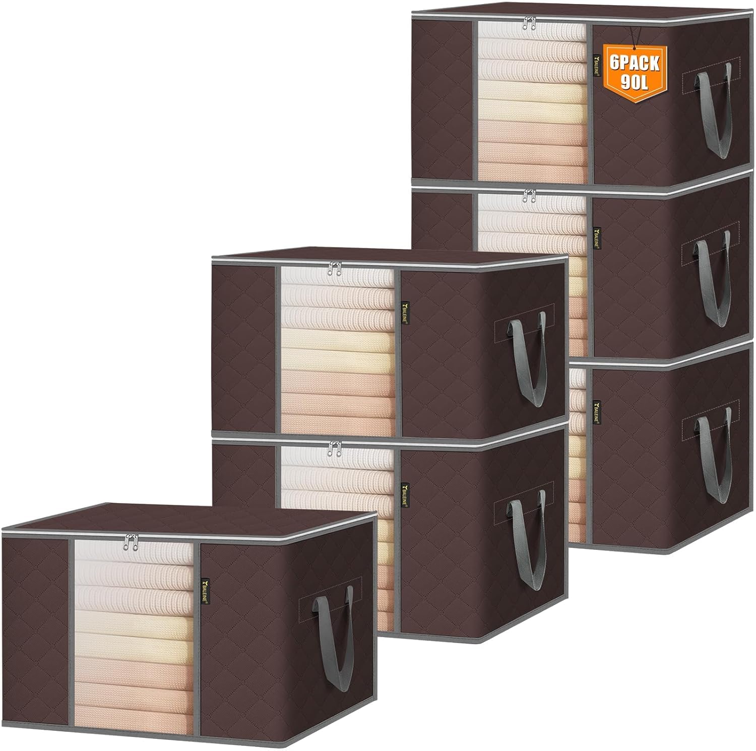 BALEINE 6 Pack Clothes Storage Bags, 24 Gallon Storage Containers with Reinforced Handle, Sturdy Zipper, Closet Organizer for Blanket, Comforter, Pillow, Bedding (Brown, 6 Pack)