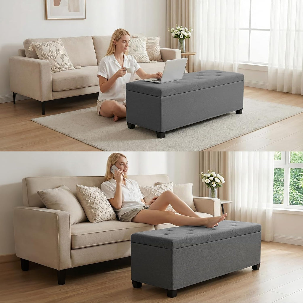 DUMOS Storage Ottoman Bench, 43.3 Inch End of Bed Bench for Living Room | 27 Gallon Steel Frame Linen-Look Fabric Chest, Removable Cover, 250lb Capacity, Bedroom Entryway, Dark Grey