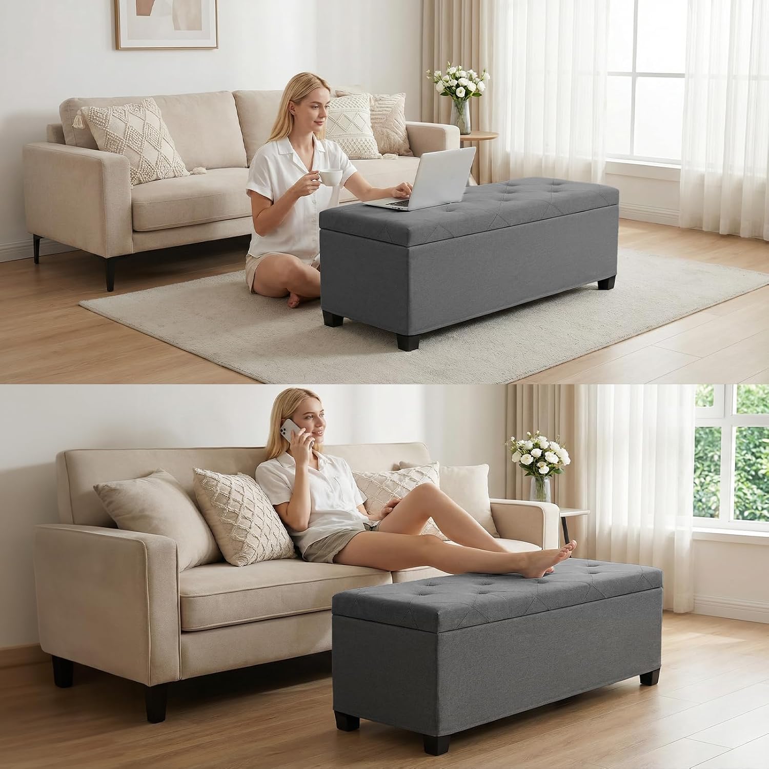 DUMOS Storage Ottoman Bench, 43.3 Inch End of Bed Bench for Living Room | 27 Gallon Steel Frame Linen-Look Fabric Chest, Removable Cover, 250lb Capacity, Bedroom Entryway, Dark Grey