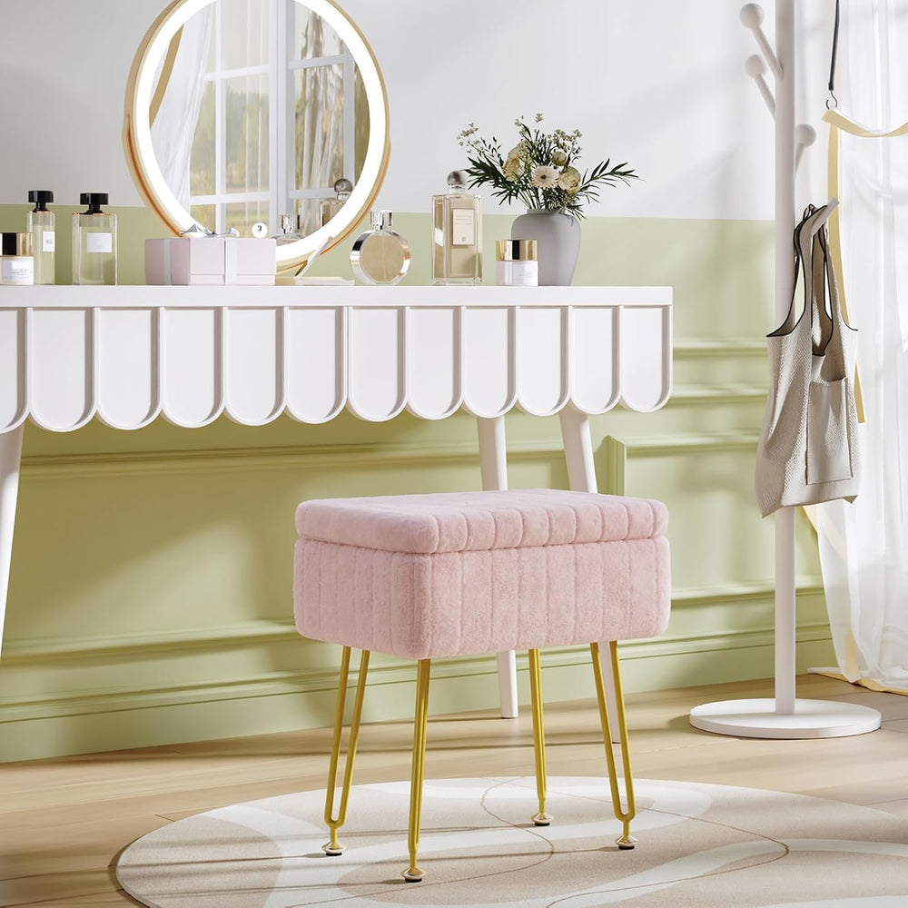 Somdot Vanity Stool Chair with Storage, Furry Padded Seat, Makeup Stool