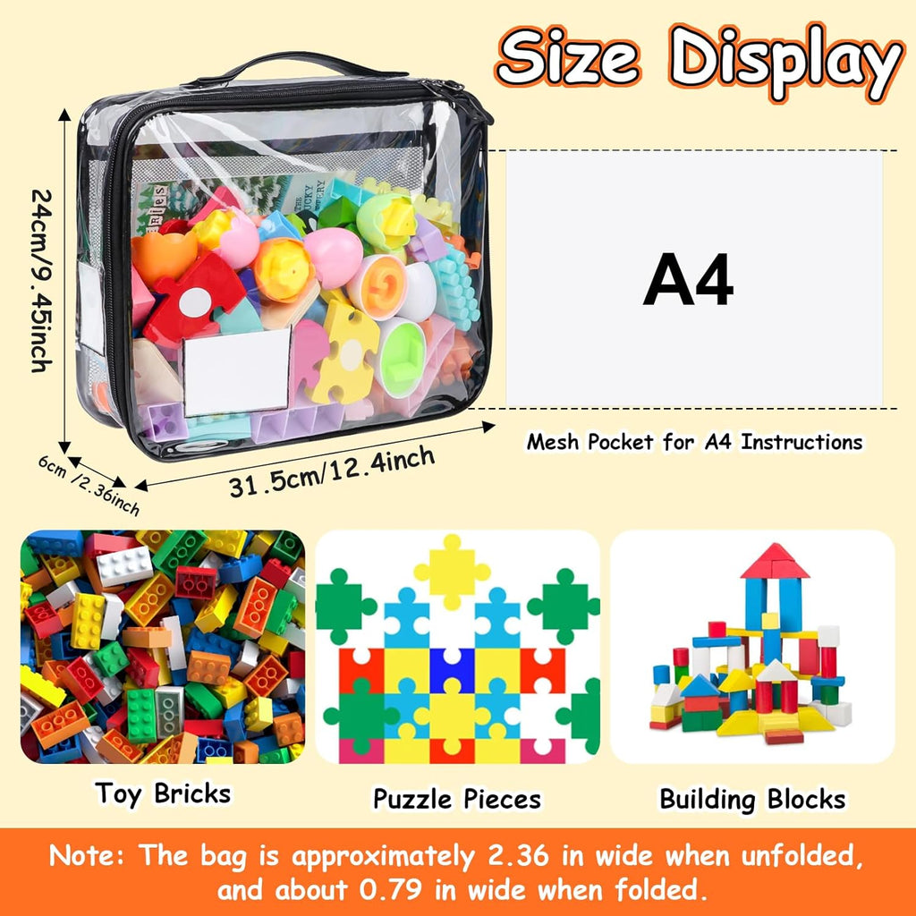 4 Pack Toy Storage Organizer Bag for Lego Bricks, Clear PVC Zippered Block Set with Manual Pocket& Name Tag, Waterproof Toy Carrying Case for Board Game, Building Blocks& Puzzles (Large, Black)